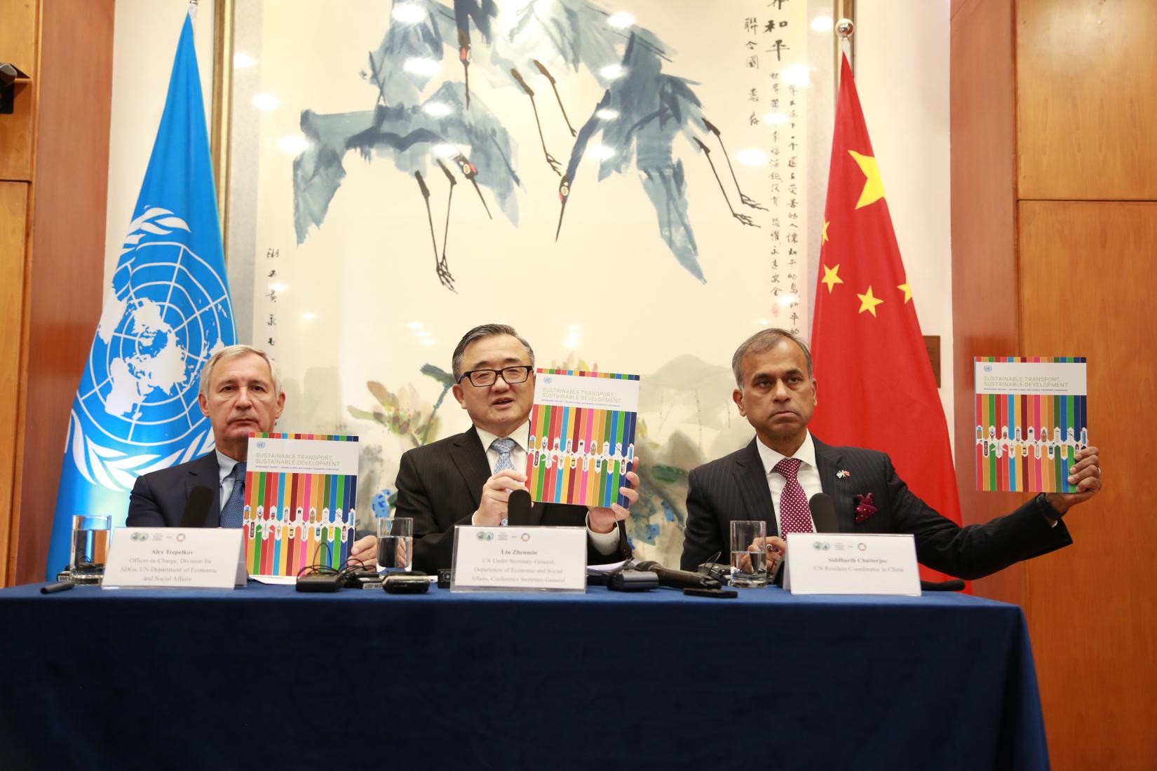 Officer-in-Charge of the Division for Sustainable Development Goals, Alexander Trepelkov, UN Under-Secretary-General of the Department of Economic and Social Affairs (UN DESA) and Conference Secretary-General, Liu Zhenmin, UN Resident Coordinator in China, Siddharth Chatterjee at curtain raiser sustainable transport press conference. (left to right)