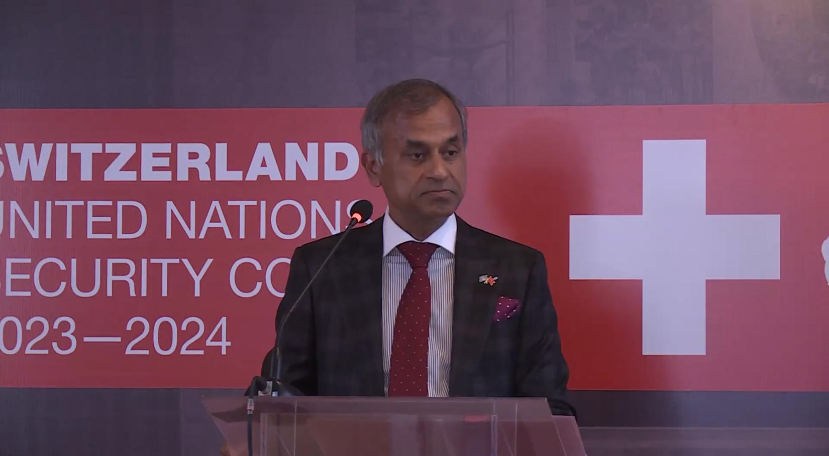 Siddharth Chatterjee, UN Resident Coordinator in China, speaking at the Embassy of Switzerland in the People’s Republic of China