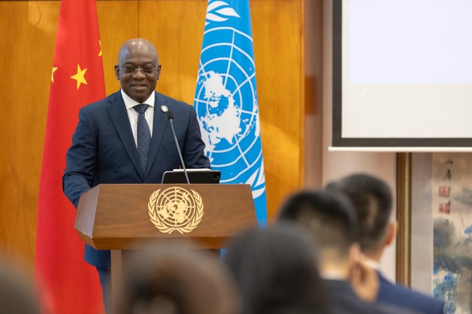Nii Quaye-Kumah, IFAD Country Director and Head of the East Asia multi-country office, hosts the International Forum on Sci-Tech Empowering Rural Transformation - 2nd Event at the UN Compound in Beijing on Nov. 6, 2023. (Photo by Yang Jia/China.org.cn)