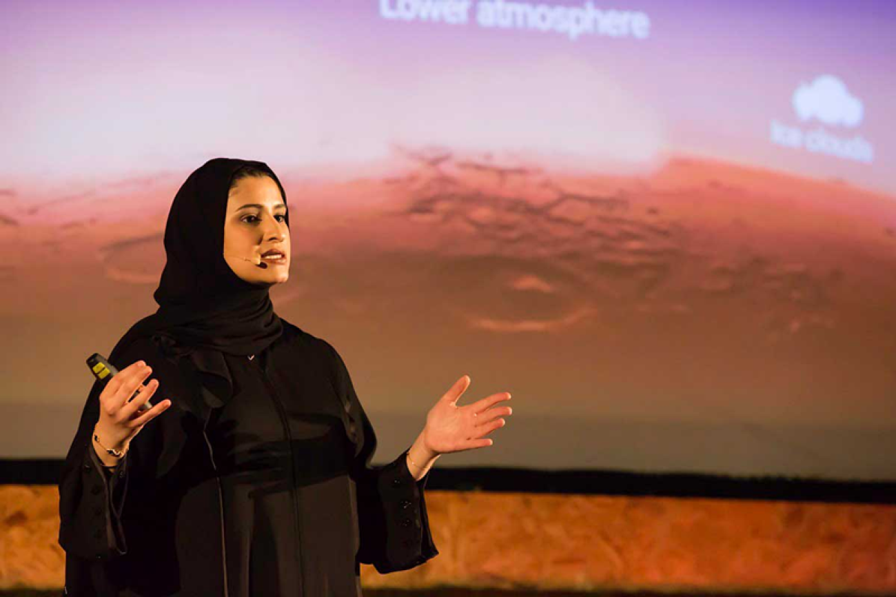 UAE Minister of State for Advanced Technology Sarah Al Amiri speaks during an event in Dubai to mark Hope Probe's entering the orbit of Mars.