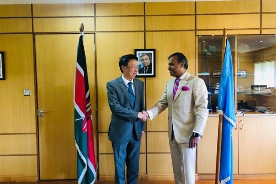 Ambassador Wu Peng (the former Chinese Ambassador to Kenya, now the Director General for Africa in MFA, China) and the author Siddharth Chatterjee at the UN Resident Coordinator’s office in Nairobi, Kenya.