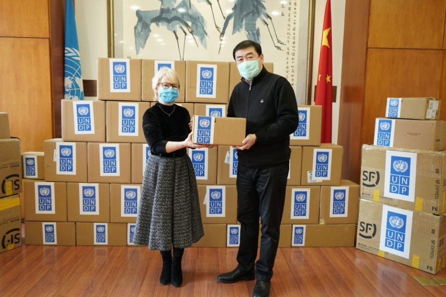 Handover ceremony at UN compound in Beijing for UNDP donation of critical medical supplies to the Chinese government to help fight the coronavirus epidemic